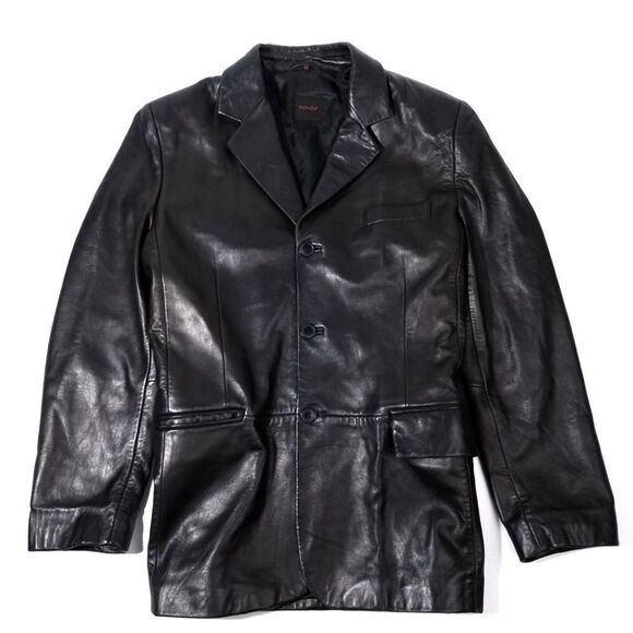 VINTAGE 90's Dad Leather Jacket Oversized Button Down Blazer Black Large Y2K - Picture 1 of 11